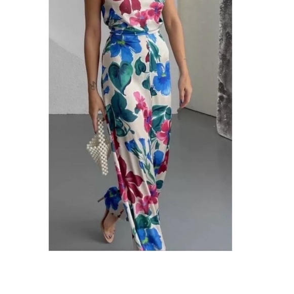 Zara floral flower print satin effect sleeveless jumpsuit Sz XS/M NWT tropical - Picture 6 of 8